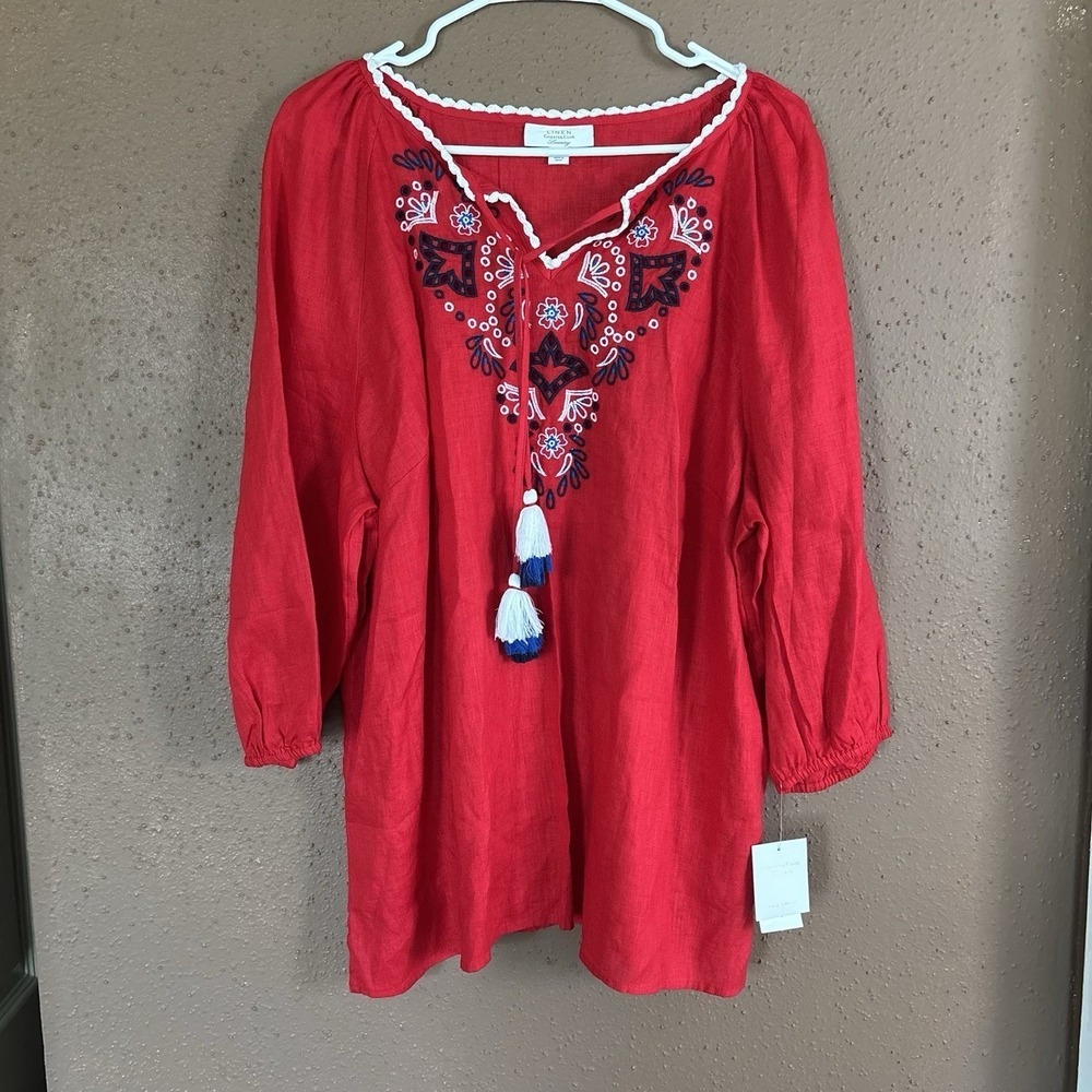 Linen Charter Club Luxury Women's Linen Embroidered 3/4-Sleeve Top Size XL Red - Picture 2 of 9